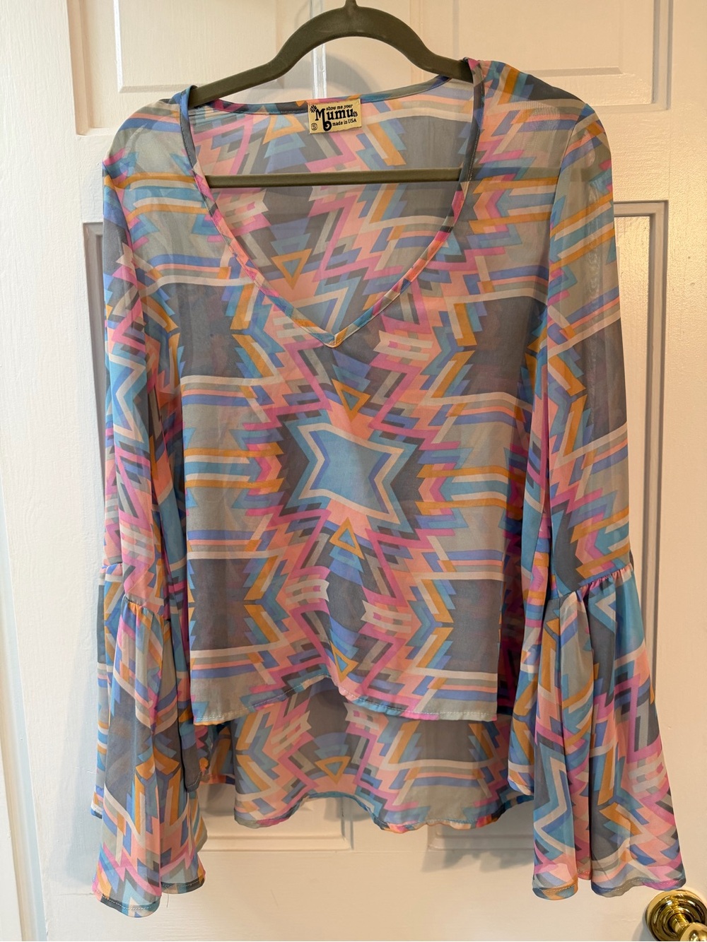 Show Me Your Mumu Sheer Geometric Mesh Bell Sleeve Top Size Small Blue Pink Boho